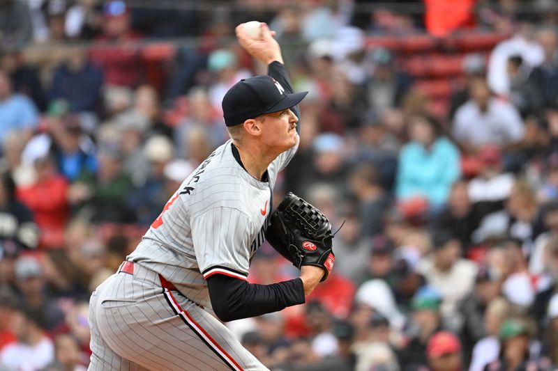 Sep 22, 2024; Boston, Massachusetts, USA; Minnesota Twins pitcher Brent Headrick (53) pitches against the Boston Red Sox during the fifth inning at Fenway Park. Mandatory Credit: Eric Canha-Imagn Images