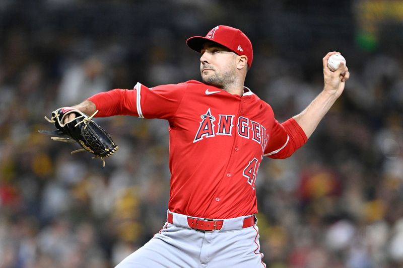 May 14, 2025; San Diego, California, USA; Los Angeles Angels relief pitcher Brock Burke (46) during the eighth inning against the San Diego Padres at Petco Park. Mandatory Credit: Denis Poroy-Imagn Images