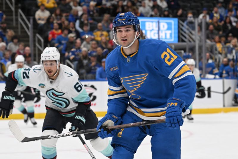 Nov 8, 2025; St. Louis, Missouri, USA; St. Louis Blues right wing Jimmy Snuggerud (21) looks on during a game against the Seattle Kraken in the second period at Enterprise Center. Mandatory Credit: Joe Puetz-Imagn Images