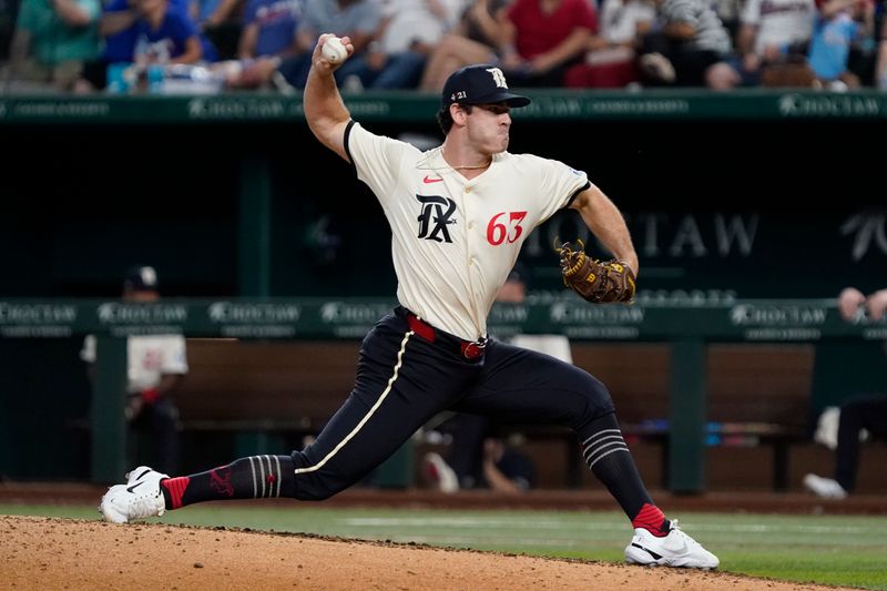 Aug 16, 2024; Arlington, Texas, USA; Texas Rangers pitcher Matt Festa (63) throws to the plate during the sixth inning against the Minnesota Twins at Globe Life Field. Mandatory Credit: Raymond Carlin III-USA TODAY Sports