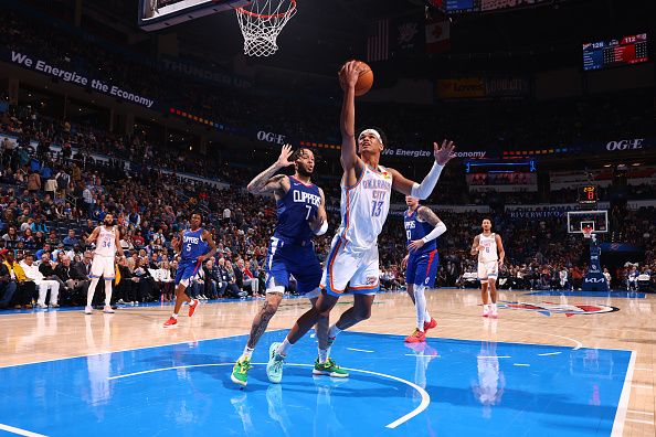 OKLAHOMA CITY, OK - DECEMBER 21: Ousmane Dieng #13 of the Oklahoma City Thunder shoots the ball during the game against the LA Clippers on December 21, 2023 at Paycom Arena in Oklahoma City, Oklahoma. NOTE TO USER: User expressly acknowledges and agrees that, by downloading and or using this photograph, User is consenting to the terms and conditions of the Getty Images License Agreement. Mandatory Copyright Notice: Copyright 2023 NBAE (Photo by Zach Beeker/NBAE via Getty Images)