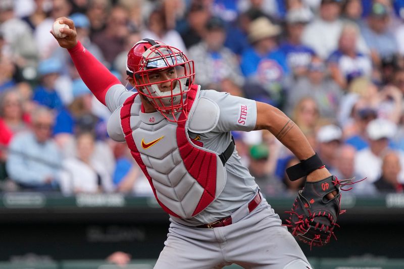 Mar 26, 2024; Mesa, Arizona, USA; St. Louis Cardinals catcher Willson Contreras (40) throws down to firstbase for the out against the Chicago Cubs in the second inning at Sloan Park. Mandatory Credit: Rick Scuteri-USA TODAY Sports