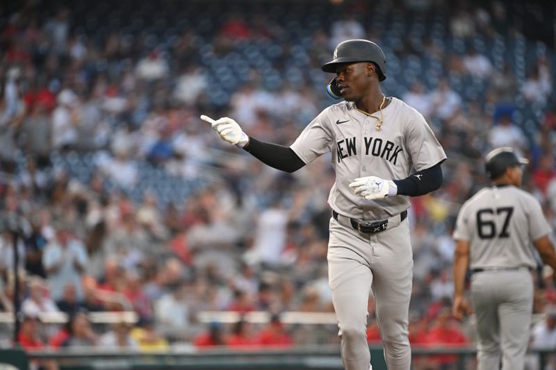 Aug 28, 2024; Washington, District of Columbia, USA; New York Yankees third baseman Jazz Chisholm Jr. (13) gestures after hitting a home run against the Washington Nationals during the second inning at Nationals Park. Mandatory Credit: Rafael Suanes-USA TODAY Sports