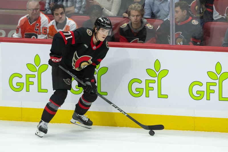 Nov 14, 2024; Ottawa, Ontario, CAN; Ottawa Senators center Ridly Greig (71) skates with the puck in overtime against the Philadelphia Flyers at the Canadian Tire Centre. Mandatory Credit: Marc DesRosiers-Imagn Images