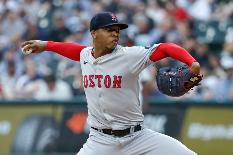 Jun 8, 2024; Chicago, Illinois, USA;  Boston Red Sox starting pitcher Brayan Bello (66) delivers a pitch against the Chicago White Sox during the first inning at Guaranteed Rate Field. Mandatory Credit: Kamil Krzaczynski-USA TODAY Sports