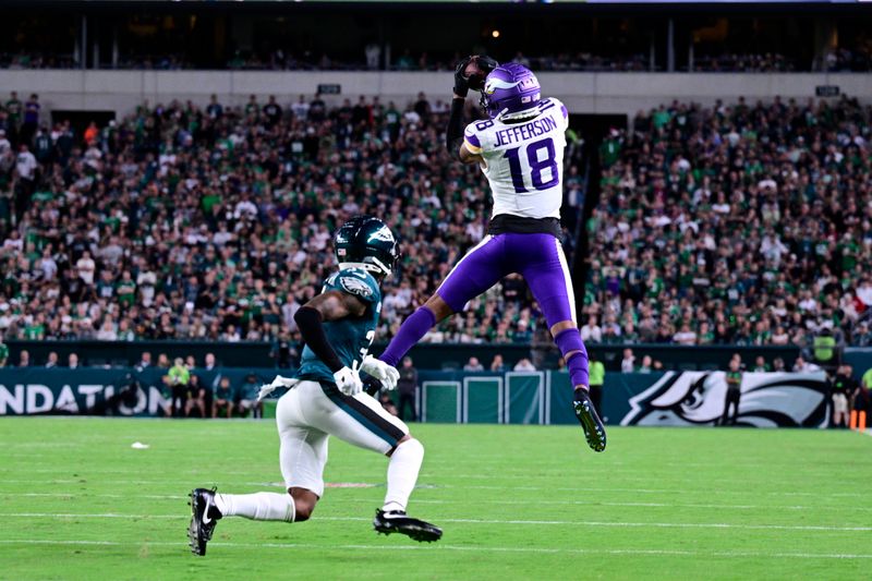 Minnesota Vikings' Justin Jefferson during an NFL football game against the Philadelphia Eagles, Thursday, Sept. 14, 2023, in Philadelphia. (AP Photo/Derik Hamilton)