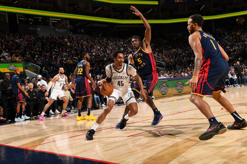 SAN FRANCISCO, CA - NOVEMBER 25: Keon Johnson #45 of the Brooklyn Nets drives to the basket during the game against the Golden State Warriors on November 25, 2024 at Chase Center in San Francisco, California. NOTE TO USER: User expressly acknowledges and agrees that, by downloading and or using this photograph, user is consenting to the terms and conditions of Getty Images License Agreement. Mandatory Copyright Notice: Copyright 2024 NBAE (Photo by Noah Graham/NBAE via Getty Images)