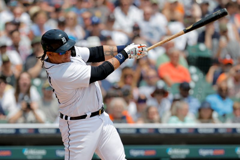 Jun 10, 2023; Detroit, Michigan, USA;  Detroit Tigers designated hitter Miguel Cabrera (24) hits a double in the second inning against the Arizona Diamondbacks at Comerica Park. Mandatory Credit: Rick Osentoski-USA TODAY Sports