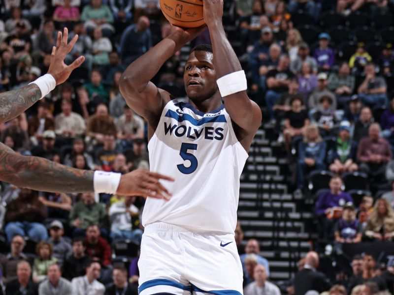 SALT LAKE CITY, UT - MARCH 18: Anthony Edwards #5 of the Minnesota Timberwolves shoots the ball during the game against the Utah Jazz on March 18, 2024 at Delta Center in Salt Lake City, Utah. NOTE TO USER: User expressly acknowledges and agrees that, by downloading and or using this Photograph, User is consenting to the terms and conditions of the Getty Images License Agreement. Mandatory Copyright Notice: Copyright 2024 NBAE (Photo by Melissa Majchrzak/NBAE via Getty Images)