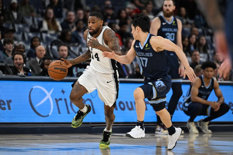 MEMPHIS, TN - FEBRUARY 3:  Blake Wesley #14 of the San Antonio Spurs dribbles the ball during the game against the Memphis Grizzlies  on February  3, 2025 at FedExForum in Memphis, Tennessee. NOTE TO USER: User expressly acknowledges and agrees that, by downloading and or using this photograph, User is consenting to the terms and conditions of the Getty Images License Agreement. Mandatory Copyright Notice: Copyright 2025 NBAE (Photo by Grant Burke/NBAE via Getty Images)