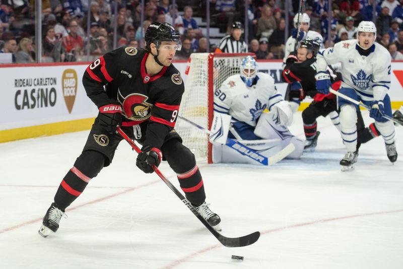 Dec 7, 2023; Ottawa, Ontario, CAN; Ottawa Senators center Josh Norris (9) skates with the puck in the first period against the Toronto Maple Leafs at the Canadian Tire Centre. Mandatory Credit: Marc DesRosiers-USA TODAY Sports