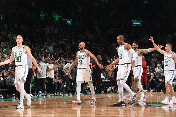 BOSTON, MA - OCTOBER 27: The Boston Celtics celebrates during the game against the Miami Heat on October 27, 2023 at the TD Garden in Boston, Massachusetts. NOTE TO USER: User expressly acknowledges and agrees that, by downloading and or using this photograph, User is consenting to the terms and conditions of the Getty Images License Agreement. Mandatory Copyright Notice: Copyright 2023 NBAE  (Photo by Brian Babineau/NBAE via Getty Images)