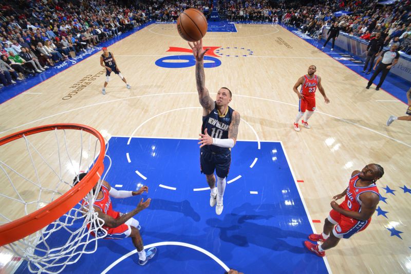 PHILADELPHIA, PA - JANUARY 10: Daniel Theis #10 of the New Orleans Pelicans drives to the basket during the game against the Philadelphia 76ers on January 10, 2025 at the Wells Fargo Center in Philadelphia, Pennsylvania NOTE TO USER: User expressly acknowledges and agrees that, by downloading and/or using this Photograph, user is consenting to the terms and conditions of the Getty Images License Agreement. Mandatory Copyright Notice: Copyright 2025 NBAE (Photo by Jesse D. Garrabrant/NBAE via Getty Images)