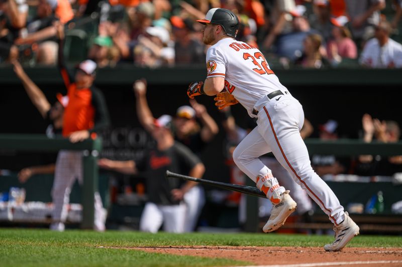 Aug 27, 2023; Baltimore, Maryland, USA; Baltimore Orioles first baseman Ryan O'Hearn (32) hits a two run home run during the eighth inning against the Colorado Rockies at Oriole Park at Camden Yards. Mandatory Credit: Reggie Hildred-USA TODAY Sports