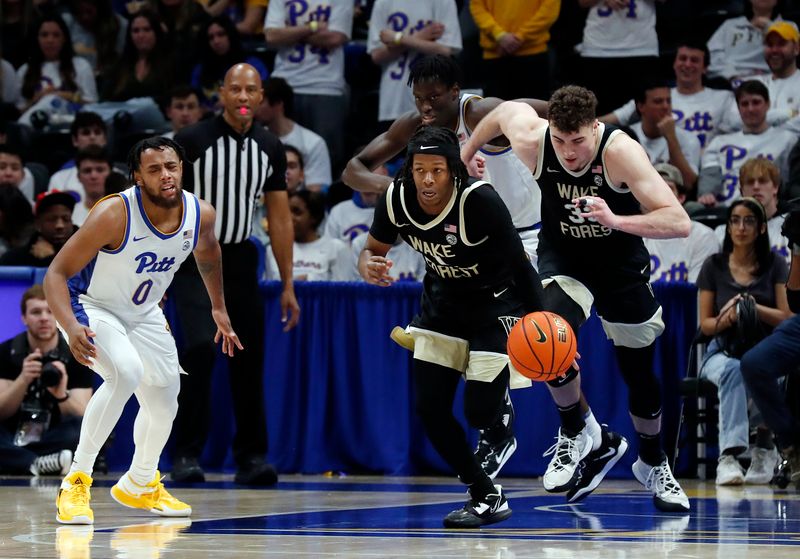 Jan 25, 2023; Pittsburgh, Pennsylvania, USA;  Wake Forest Demon Deacons guard Tyree Appleby (1) dribbles up court on a fast break against the Pittsburgh Panthers during the second half at the Petersen Events Center. Pittsburgh won 81-79. Mandatory Credit: Charles LeClaire-USA TODAY Sports