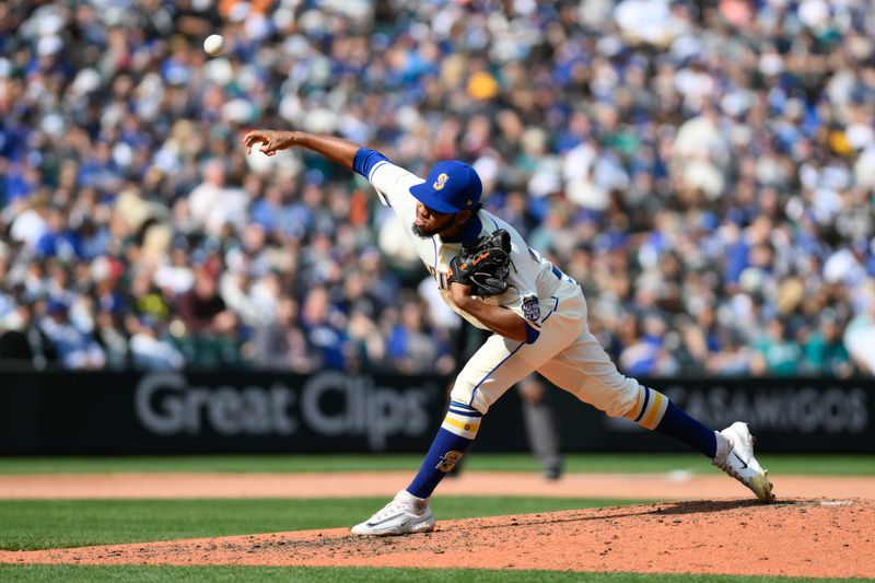 Sep 17, 2023; Seattle, Washington, USA; Seattle Mariners relief pitcher Eduard Bazardo (41) pitches to the Seattle Mariners during the sixth inning at T-Mobile Park. Mandatory Credit: Steven Bisig-USA TODAY Sports