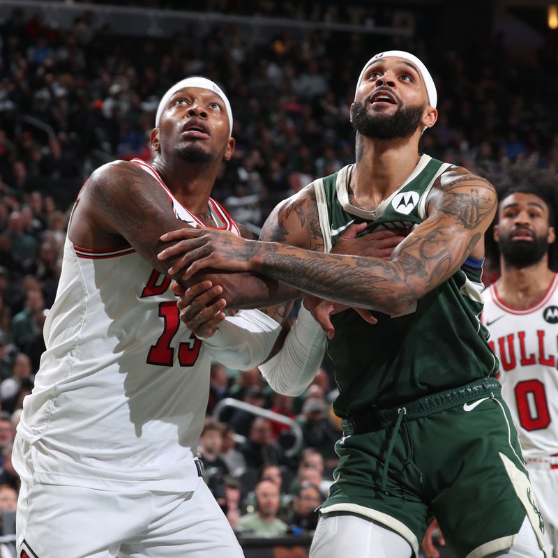 MILWAUKEE, WI - NOVEMBER 20: Torrey Craig #13 of Chicago Bulls and Gary Trent Jr. #5 of the Milwaukee Bucks wait for a rebound during the game on November 20, 2024 at the Fiserv Forum Center in Milwaukee, Wisconsin. NOTE TO USER: User expressly acknowledges and agrees that, by downloading and or using this Photograph, user is consenting to the terms and conditions of the Getty Images License Agreement. Mandatory Copyright Notice: Copyright 2024 NBAE (Photo by Gary Dineen/NBAE via Getty Images).