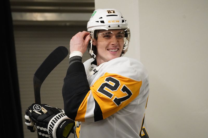 Jan 27, 2025; San Jose, California, USA;  Pittsburgh Penguins defenseman Ryan Graves (27) during pre-game warms up against the San Jose Sharks at SAP Center at San Jose. Mandatory Credit: David Gonzales-Imagn Images