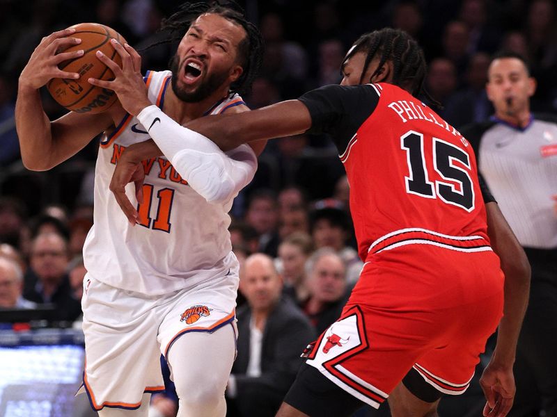 NEW YORK, NEW YORK - NOVEMBER 13: Jalen Brunson #11 of the New York Knicks is fouled by Julian Phillips #15 of the Chicago Bulls during the second quarter at Madison Square Garden on November 13, 2024 in New York City. NOTE TO USER: User expressly acknowledges and agrees that, by downloading and or using this photograph, User is consenting to the terms and conditions of the Getty Images License Agreement. (Photo by Elsa/Getty Images)