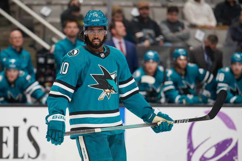 Nov 7, 2023; San Jose, California, USA; San Jose Sharks left wing Anthony Duclair (10) skates on the ice during a stoppage of play against the Philadelphia Flyers during the second period at SAP Center at San Jose. Mandatory Credit: Robert Edwards-USA TODAY Sports