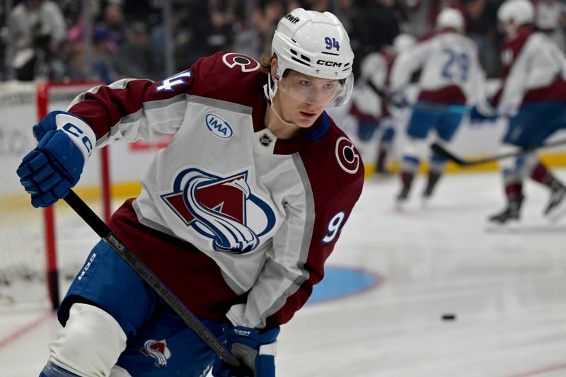 Oct 7, 2025; Los Angeles, California, USA;  Colorado Avalanche left wing Joel Kiviranta (94) warms up prior to the game against the Los Angeles Kings at Crypto.com Arena. Mandatory Credit: Jayne Kamin-Oncea-Imagn Images
