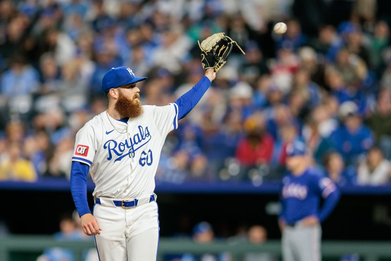 May 4, 2024; Kansas City, Missouri, USA; Kansas City Royals pitcher Colin Selby (60) on the mound during the seventh inning against the Texas Rangers at Kauffman Stadium. Mandatory Credit: William Purnell-USA TODAY Sports