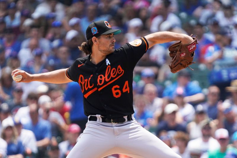 Jun 18, 2023; Chicago, Illinois, USA; Baltimore Orioles starting pitcher Dean Kremer (64) throws the ball against the Chicago Cubs during the first inning at Wrigley Field. Mandatory Credit: David Banks-USA TODAY Sports