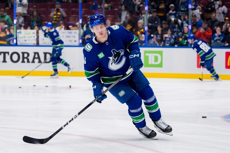 Jan 24, 2024; Vancouver, British Columbia, CAN; Vancouver Canucks forward Brock Boeser (6) skates during warm up prior to a game against the St. Louis Blues at Rogers Arena.  Mandatory Credit: Bob Frid-USA TODAY Sports