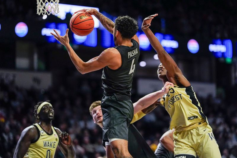 Jan 3, 2026; Winston-Salem, North Carolina, USA; Virginia Tech Hokies guard Izaiah Pasha (4) grabs the rebound past Wake Forest Demon Deacons forward Tre'Von Spillers (25) during the first half at Lawrence Joel Veterans Memorial Coliseum. Mandatory Credit: Jim Dedmon-Imagn Images
