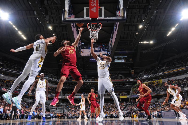INDIANAPOLIS, IN - MARCH 18:  Georges Niang #20 of the Cleveland Cavaliers goes to the basket during the game on March 18, 2024 at Gainbridge Fieldhouse in Indianapolis, Indiana. NOTE TO USER: User expressly acknowledges and agrees that, by downloading and or using this Photograph, user is consenting to the terms and conditions of the Getty Images License Agreement. Mandatory Copyright Notice: Copyright 2024 NBAE (Photo by Ron Hoskins/NBAE via Getty Images)