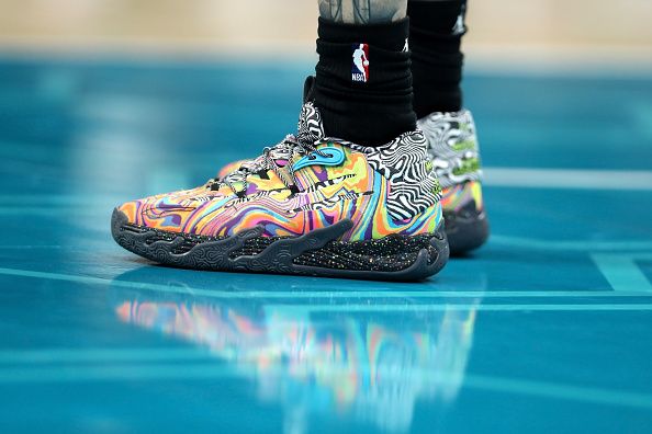 CHARLOTTE, NORTH CAROLINA - NOVEMBER 20: Detail of the shoes worn by LaMelo Ball #1 of the Charlotte Hornets during the second half of an NBA game against the Boston Celtics at Spectrum Center on November 20, 2023 in Charlotte, North Carolina. NOTE TO USER: User expressly acknowledges and agrees that, by downloading and or using this photograph, User is consenting to the terms and conditions of the Getty Images License Agreement. (Photo by David Jensen/Getty Images)