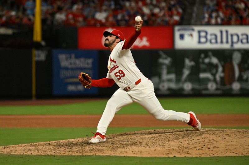 Jul 13, 2024; St. Louis, Missouri, USA; St. Louis Cardinals relief pitcher JoJo Romero (59) throws against the Chicago Cubs during the eighth inning at Busch Stadium. Mandatory Credit: Jeff Le-USA TODAY Sports