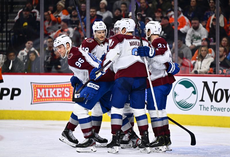 Jan 20, 2024; Philadelphia, Pennsylvania, USA; Colorado Avalanche right wing Mikko Rantanen (96) celebrates with teammates after scoring a goal against the Philadelphia Flyers in the third period at Wells Fargo Center. Mandatory Credit: Kyle Ross-USA TODAY Sports