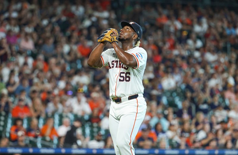 Jun 22, 2024; Houston, Texas, USA; Houston Astros starting pitcher Ronel Blanco (56) walks off the mound after pitching during the first inning against the Baltimore Orioles at Minute Maid Park. Mandatory Credit: Troy Taormina-USA TODAY Sports