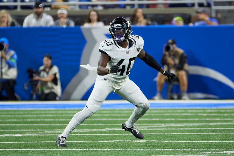 Jacksonville Jaguars cornerback Erick Hallett (40) pursues a play on defense against the Detroit Lions during an NFL pre-season football game, Saturday, Aug. 19, 2023, in Detroit. (AP Photo/Rick Osentoski)