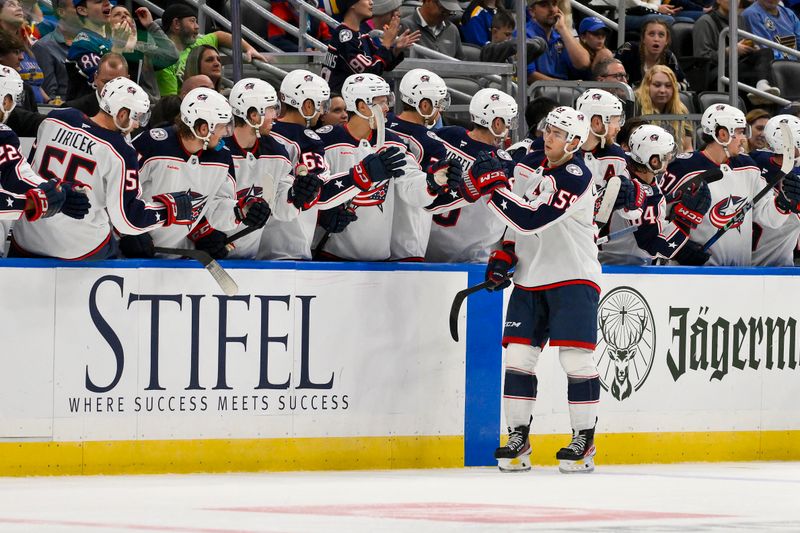 Oct 1, 2024; St. Louis, Missouri, USA;  Columbus Blue Jackets right wing Yegor Chinakhov (59) is congratulated by teammates after scoring against the St. Louis Blues during the second period at Enterprise Center. Mandatory Credit: Jeff Curry-Imagn Images