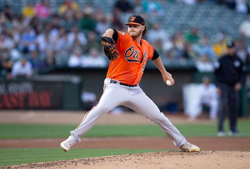 Aug 19, 2023; Oakland, California, USA; Baltimore Orioles starting pitcher Cole Irvin (19) pitches against the Oakland Athletics during the second inning at Oakland-Alameda County Coliseum. Mandatory Credit: D. Ross Cameron-USA TODAY Sports