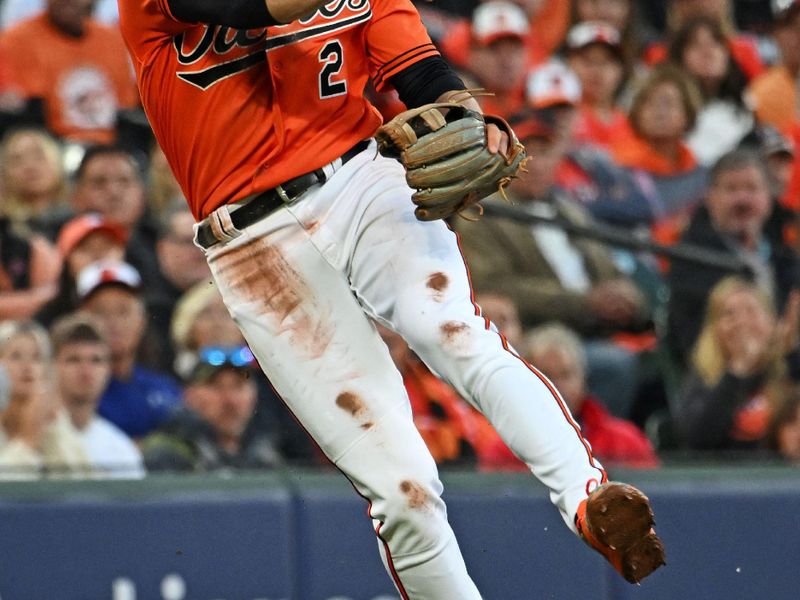 Oct 8, 2023; Baltimore, Maryland, USA; Baltimore Orioles third baseman Gunnar Henderson (2) turns a double play \d 5i\ against the Texas Rangers during game two of the ALDS for the 2023 MLB playoffs at Oriole Park at Camden Yards. Mandatory Credit: Tommy Gilligan-USA TODAY Sports