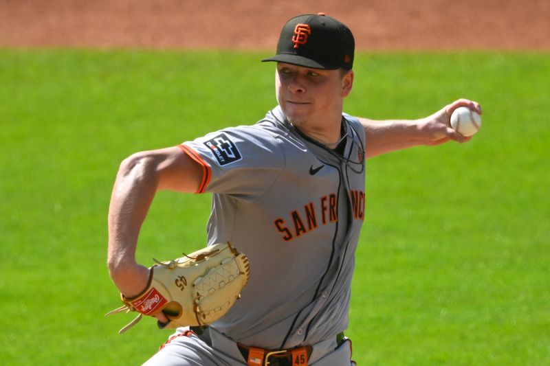 Jul 6, 2024; Cleveland, Ohio, USA; San Francisco Giants starting pitcher Kyle Harrison (45) delivers a pitch in the second inning against the Cleveland Guardians at Progressive Field. Mandatory Credit: David Richard-USA TODAY Sports