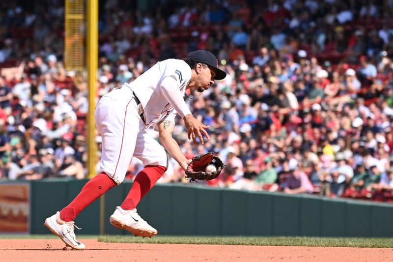 Aug 11, 2024; Boston, Massachusetts, USA; Boston Red Sox shortstop David Hamilton (70) makes a catch and throw for an out against the Houston Astros during the sixth inning at Fenway Park. Mandatory Credit: Eric Canha-USA TODAY Sports