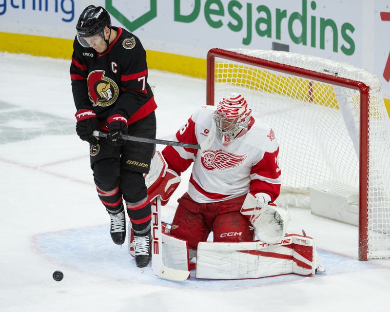 Jan 5, 2026; Ottawa, Ontario, CAN; The defelection from Ottawa Senators left wing Brady Tkachuk (7) screens a shot on Detroit Red Wings goalie John Gibson (36)  in the third period at the Canadian Tire Centre. Mandatory Credit: Marc DesRosiers-IMAGN Images