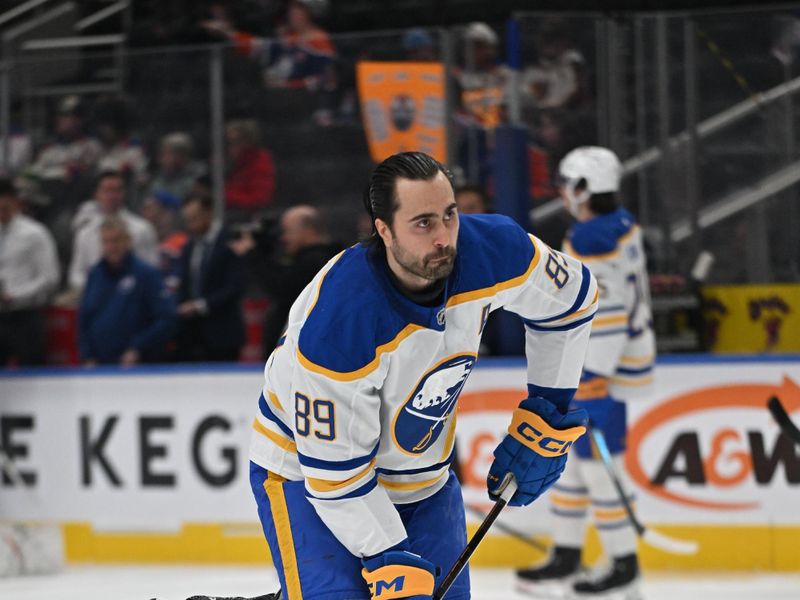 Dec 9, 2025; Edmonton, Alberta, CAN; Buffalo Sabres right winger Alex Tuch (89) practices during the pre game warm up as the Edmonton Oilers take on the Buffalo Sabres before the first period at Rogers Place. Mandatory Credit: Walter Tychnowicz-Imagn Images