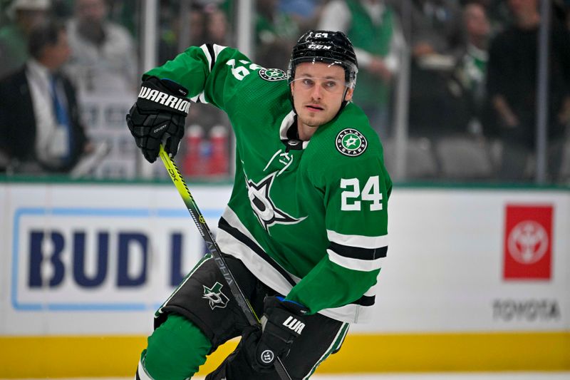 Oct 15, 2022; Dallas, Texas, USA; Dallas Stars center Roope Hintz (24) skates against the Nashville Predators during the second period at the American Airlines Center. Mandatory Credit: Jerome Miron-USA TODAY Sports