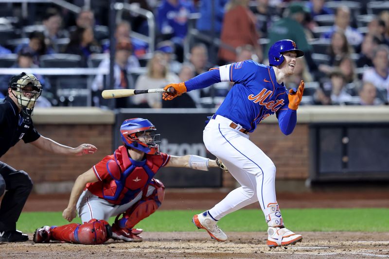 Sep 30, 2023; New York City, New York, USA; New York Mets third baseman Brett Baty (22) follows through on an RBI single against the Philadelphia Phillies during the second inning at Citi Field. Mandatory Credit: Brad Penner-USA TODAY Sports