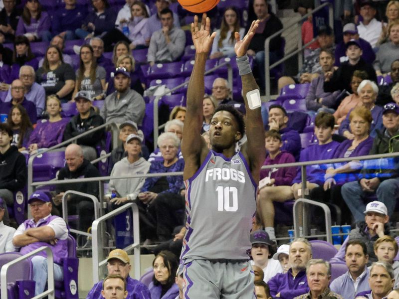 Jan 7, 2023; Fort Worth, Texas, USA; TCU Horned Frogs guard Damion Baugh (10) takes a 3 point shot during the first half Iowa State Cyclones at Ed and Rae Schollmaier Arena. Mandatory Credit: Andrew Dieb-USA TODAY Sports