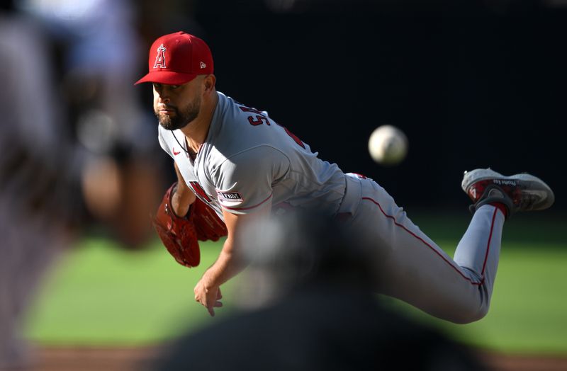 Jul 5, 2023; San Diego, California, USA; Los Angeles Angels starting pitcher Patrick Sandoval (43) throws a pitch against the San Diego Padres during the first inning at Petco Park. Mandatory Credit: Orlando Ramirez-USA TODAY Sports