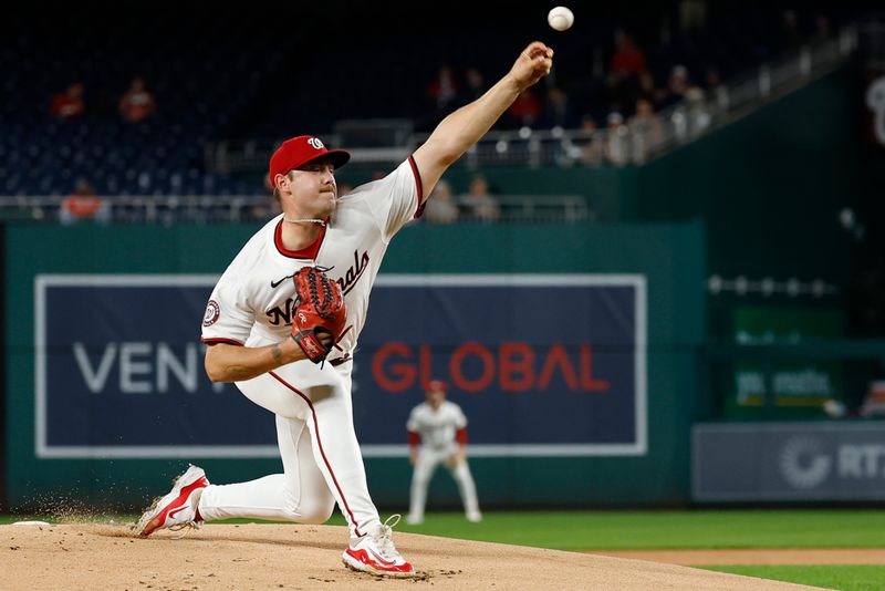 Sep 24, 2024; Washington, District of Columbia, USA; Washington Nationals starting pitcher Mitchell Parker (70) pitches against the Kansas City Royals during the first inning at Nationals Park. Mandatory Credit: Geoff Burke-Imagn Images