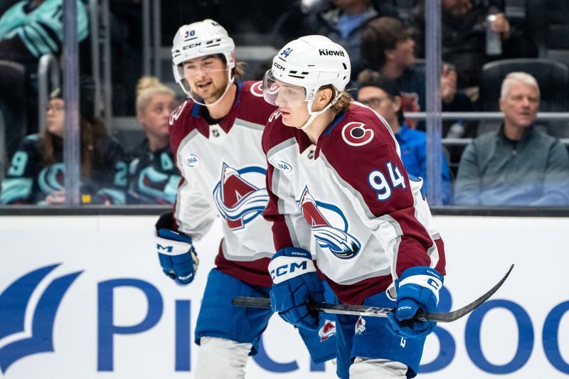 Oct 22, 2024; Seattle, Washington, USA;  Colorado Avalanche forward Joel Kiviranta (94) heads toward the bench after scoring a goal during the first period against the Seattle Kraken at Climate Pledge Arena. Mandatory Credit: Stephen Brashear-Imagn Images