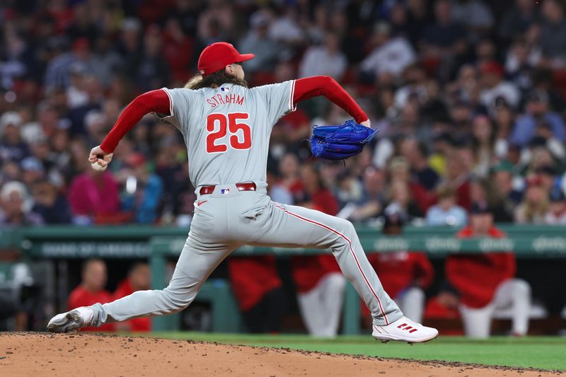 Jun 11, 2024; Boston, Massachusetts, USA; Philadelphia Phillies relief pitcher Matt Strahm (25) delivers a pitch during the eighth inning against the Boston Red Sox at Fenway Park. Mandatory Credit: Paul Rutherford-USA TODAY Sports