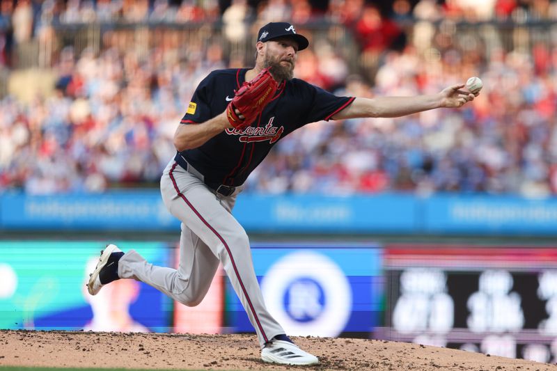 May 29, 2025; Philadelphia, Pennsylvania, USA; Atlanta Braves pitcher Chris Sale (51) throws a pitch against the Philadelphia Phillies during the third inning at Citizens Bank Park. Mandatory Credit: Bill Streicher-Imagn Images